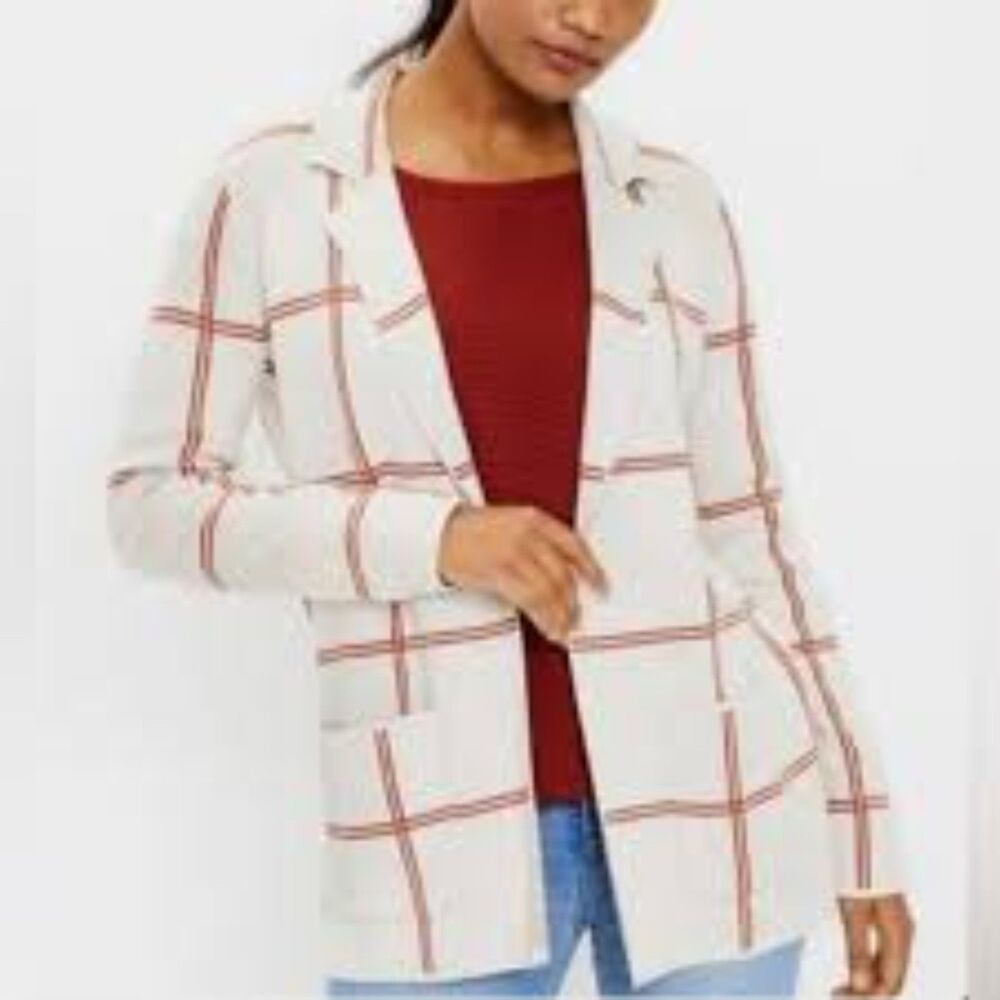 Ann Taylor LOFT Womens Large Windowpane Plaid Open Front Cardigan Blazer Pockets